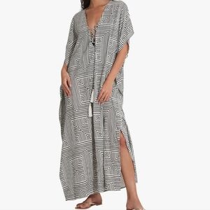 Beach Life Black and White Geo Print Kaftan. 100% Viscose